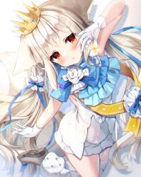 Rule 34 | 1girl, animal ear fluff, animal ears, blue bow, blue ribbon, blush, bow, brown footwear, closed mouth, commentary request, commission, crown, dress, flower, gloves, glowing, grey hair, hand up, highres, holding, irori, lolita fashion, long hair, looking at viewer, mini crown, original, red eyes, ribbon, sakurada shiro (hy plus), shoes, single thighhigh, skeb commission, solo, striped, striped bow, thighhighs, very long hair, white dress, white flower, white gloves, white thighhighs