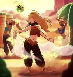 1other 3girls blonde_hair blurry blurry_background bracelet chokkokat closed_eyes dancing female_focus gerudo highres jewelry mouth_veil multiple_girls navel nintendo official_alternate_costume official_alternate_hairstyle palm_tree ponytail princess_zelda red_hair shawl sleeveless stomach the_legend_of_zelda the_legend_of_zelda:_echoes_of_wisdom tree tri_(zelda) veil