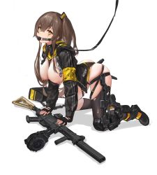 Rule 34 | 1girl, 404 logo (girls&#039; frontline), absurdres, all fours, ball gag, bdsm, black gloves, breasts, breasts out, brown hair, collar, commission, fingerless gloves, gag, girls&#039; frontline, gloves, gun, h&amp;k ump, hair between eyes, highres, hood, hood down, hooded jacket, jacket, large breasts, leash, looking at viewer, nipples, one side up, restrained, sawkm, scar, scar across eye, scar on face, second-party source, shirt, simple background, skirt, slave, smile, solo, submachine gun, ump45 (girls&#039; frontline), weapon, white shirt, yellow eyes