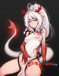 Rule 34 | 1girl, absurdres, arknights, arm tattoo, bare shoulders, bead bracelet, beads, black background, bracelet, braid, breasts, china dress, chinese clothes, colored skin, dress, fellming, flame-tipped tail, highres, invisible chair, jewelry, leg tattoo, long hair, medium breasts, nian (arknights), nian (unfettered freedom) (arknights), official alternate costume, pointy ears, ponytail, purple eyes, red skin, side braids, simple background, sitting, sleeveless, sleeveless dress, smile, solo, tattoo, thighs, white dress, white hair