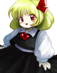 Rule 34 | 1girl, absurdres, black skirt, black vest, blonde hair, blush stickers, hair ribbon, highres, long sleeves, looking at viewer, medium hair, open mouth, red eyes, red ribbon, ribbon, rumia, shirt, simple background, skirt, skirt set, solo, touhou, upper body, vest, white background, white shirt, yakumora n