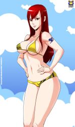 Rule 34 | 1girl, bikini, breasts, cleavage, cloud, erza scarlet, fairy tail, female focus, kyoffie, large breasts, long hair, navel, red hair, smile, solo, swimsuit, underboob