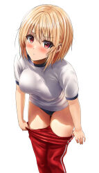 Rule 34 | 1girl, black buruma, blonde hair, blush, breasts, buruma, clothes pull, feet out of frame, gym shirt, highres, large breasts, leaning forward, original, pants, pants pull, parted lips, red eyes, red pants, shirt, short hair, short sleeves, simple background, solo, standing, track pants, undressing, v-shaped eyebrows, white background, white shirt, yukemuriganmo