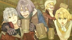 Rule 34 | 10s, 4boys, :o, alcohol, arm around neck, atelier (series), atelier escha &amp; logy, awin sidelet, beer, beer mug, blonde hair, blush, clenched teeth, collarbone, collared shirt, cup, drunk, closed eyes, facial hair, game cg, glasses, gloves, goatee, hair over one eye, hat, hidari (left side), holding, hug, indoors, logix ficsario, looking at viewer, male focus, micie sun mussemburg, mug, multiple boys, official art, one eye closed, open mouth, parted lips, reyfer luckberry, rimless eyewear, shirt, teeth, white hair, wood, yellow eyes