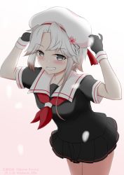 Rule 34 | 1girl, akishimo (kancolle), asymmetrical hair, beret, black gloves, black serafuku, black skirt, brown hair, commentary request, cosplay, flower, gloves, gradient hair, grin, hair flower, hair ornament, harusame (kancolle), harusame (kancolle) (cosplay), hat, highres, kantai collection, leaning forward, looking at viewer, multicolored hair, neckerchief, one-hour drawing challenge, red neckerchief, saburou hiji, sailor collar, school uniform, serafuku, short hair, short hair with long locks, side ponytail, silver hair, simple background, skirt, smile, solo, standing, white background, white hat, white sailor collar