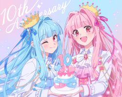 Rule 34 | 2girls, :d, anniversary, ascot, birthday cake, blue ascot, blue hair, blue ribbon, blunt bangs, blush, brooch, cake, closed mouth, collared shirt, crown, food, gradient ascot, hair intakes, hair ribbon, highres, holding, holding plate, jacket, jewelry, kotonoha akane, kotonoha aoi, long bangs, long hair, long sleeves, looking at viewer, moya (toatomoot), multiple girls, one eye closed, open mouth, pink ascot, pink hair, pink ribbon, plate, red eyes, ribbon, shirt, siblings, side-by-side, sidelocks, sisters, sleeve cuffs, smile, straight hair, suit jacket, upper body, voiceroid, white ascot