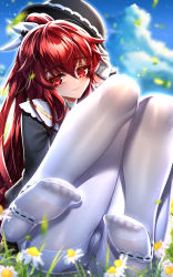 Rule 34 | 1girl, absurdres, bag, been, black shirt, blue background, bow, choker, closed mouth, daisy, day, elesis (elsword), elsword, flower, hair between eyes, hair bow, highres, jewelry, long hair, looking at viewer, outdoors, panties, panties under pantyhose, pantyhose, pendant, red eyes, red hair, shirt, sitting, smile, solo, sparkle, underwear, very long hair, white bow, white choker, white flower, white pantyhose
