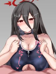 Rule 34 | 1boy, 1girl, absurdres, black choker, black hair, blue archive, blue one-piece swimsuit, blush, breasts, choker, cleavage, clothed paizuri, clothing cutout, collarbone, competition swimsuit, cum, cum on clothes, grey background, hair between eyes, half-closed eyes, halo, hasumi (blue archive), hetero, highres, long hair, mole, mole under eye, one-piece swimsuit, paizuri, paizuri under clothes, penis, simple background, swimsuit, yatsuki o