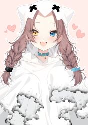 Rule 34 | 1girl, absurdres, blue eyes, blush, braid, brown hair, cat hair ornament, choker, fish hair ornament, hair ornament, heart, heterochromia, highres, hood, hood up, indie virtual youtuber, long hair, open mouth, outline, pink background, second-party source, smile, solo, twin braids, upper body, white outline, yellow eyes, yoruhoshi owl, yuduki miya