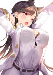 Rule 34 | 1girl, absurdres, animal ears, arm up, atago (azur lane), azur lane, belt, black belt, black bra, black hair, blush, bra, breasts, brown eyes, denchu (kazudentyu), extra ears, hair ornament, hair ribbon, highres, jacket, large breasts, long hair, military, military jacket, military uniform, mole, mole under eye, naval uniform, one eye closed, open clothes, open jacket, ribbon, see-through, shirt, simple background, skirt, solo, underwear, uniform, white background, white ribbon, white shirt, white skirt, yawning