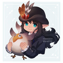 Rule 34 | 1girl, animal, warrior of light (ff14), black hair, blue eyes, capelet, commission, cropped torso, final fantasy, final fantasy xiv, hat, lalafell, long hair, looking at viewer, lyra-kotto, pointy ears, simple background, smile, solo, upper body
