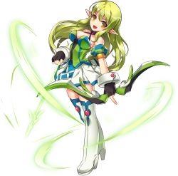 Rule 34 | 1girl, :d, absurdres, armlet, arrow (projectile), black gloves, boots, bow, bow (weapon), breasts, cleavage, elsword, full body, gloves, green eyes, green hair, head tilt, highres, holding, holding bow (weapon), holding weapon, long hair, looking at viewer, multicolored shirt, official art, open mouth, pointy ears, ranger (elsword), rena erindel, ress, skirt, smile, solo, standing, thigh boots, thighhighs, transparent background, weapon, white footwear, white skirt, zettai ryouiki