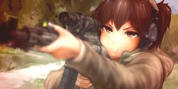Rule 34 | 10s, 1girl, aiming, alternate costume, ar-15, assault rifle, blurry, brown eyes, brown hair, character name, depth of field, earmuffs, genso, gun, kaga (kancolle), kantai collection, ponytail, rifle, scope, short ponytail, solo, weapon