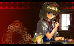 Rule 34 | 1girl, alice margatroid, blonde hair, blue eyes, braid, capelet, character doll, culter, doll, female focus, hairband, hat, highres, kirisame marisa, magic circle, short hair, solo, touhou, wallpaper, window, witch hat