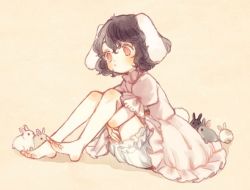 Rule 34 | . ., 1girl, :/, animal, animal ears, barefoot, beige background, black hair, bloomers, blush, bright pupils, carrot necklace, closed mouth, dot nose, dress, expressionless, floppy ears, frilled dress, frilled shirt collar, frilled sleeves, frills, from side, full body, hair between eyes, high collar, hugging own legs, inaba tewi, jewelry, knees up, looking away, necklace, pendant, pink dress, puffy short sleeves, puffy sleeves, rabbit ears, rabbit girl, rabbit tail, red eyes, short hair, short sleeves, simple background, sitting, solo, tail, tareme, toes up, touhou, underwear, wavy hair, white bloomers, yujup