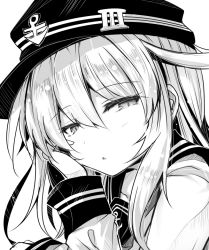 Rule 34 | 10s, 1girl, ai takurou, anchor symbol, chestnut mouth, close-up, collarbone, eyebrows, flat cap, greyscale, hair between eyes, hand on own cheek, hand on own face, hand up, hat, hibiki (kancolle), kantai collection, long hair, long sleeves, looking at viewer, monochrome, portrait, school uniform, serafuku, sidelocks, simple background, solo, white background