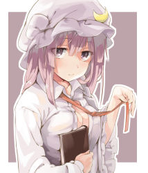 Rule 34 | 1girl, bad id, bad pixiv id, book, breast press, breasts, commentary request, crescent, hat, holding, holding book, large breasts, long hair, long sleeves, looking at viewer, mob cap, muchi maro, open clothes, open shirt, patchouli knowledge, purple background, purple eyes, purple hair, ribbon, shirt, simple background, solo, touhou, upper body, white shirt, wide sleeves