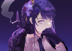 Rule 34 | 1girl, alternate costume, alternate eye color, between fingers, braid, breasts, buttons, cigarette, collared jacket, collared shirt, commentary, covering own mouth, fan hair ornament, flower, formal, genshin impact, gloves, gradient background, gradient hair, hair flower, hair ornament, hand fan, hands up, highres, holding, holding cigarette, jacket, long hair, long sleeves, looking to the side, medium breasts, mole, mole under eye, multicolored hair, necktie, open clothes, open jacket, pink eyes, pink shirt, puffy long sleeves, puffy sleeves, purple background, purple flower, purple gloves, purple hair, purple jacket, purple necktie, raiden shogun, reki (user rcrd4534), shirt, simple background, smoke, solo, suit, symbol-only commentary, upper body