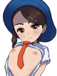 Rule 34 | 1girl, absurdres, blue hat, braid, brown eyes, brown hair, closed mouth, creatures (company), flat chest, game freak, half-closed eyes, hat, highres, juliana (pokemon), looking at viewer, matching hair/eyes, necktie, nintendo, nipples, open clothes, open shirt, orange necktie, pasheri, pokemon, pokemon sv, shirt, short hair, short sleeves, side braid, simple background, solo, upper body, white background, white shirt