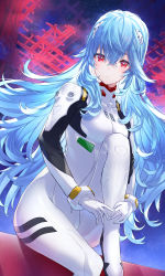 Rule 34 | 1girl, absurdres, ayanami rei, blue hair, breasts, closed mouth, commentary request, evangelion: 3.0+1.0 thrice upon a time, hair between eyes, hair ornament, hatsuga (dmaigmai), highres, huge filesize, long hair, looking at viewer, medium breasts, neon genesis evangelion, plugsuit, rebuild of evangelion, red eyes, sitting, solo, very long hair