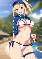 Rule 34 | 1girl, absurdres, ahoge, artoria pendragon (fate), baseball cap, bikini, blonde hair, blue eyes, blue hat, blue jacket, blurry, blurry background, blush, breasts, can, cleavage, cowboy shot, cropped jacket, curio (curiofinity), fate/grand order, fate (series), hair through headwear, hat, highres, holding, holding can, jacket, large breasts, looking at viewer, mysterious heroine x (fate), mysterious heroine xx (fate), navel, outdoors, ponytail, side-tie bikini bottom, smile, solo, swimsuit, thigh strap, white bikini, wristband, zipper pull tab