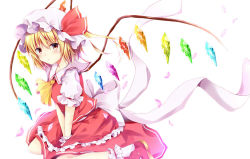 Rule 34 | 1girl, ankle cuffs, ascot, blonde hair, blush, bow, crystal, flandre scarlet, from side, hat, hat ribbon, hyurasan, kneeling, looking at viewer, mary janes, mob cap, puffy short sleeves, puffy sleeves, red eyes, red footwear, red ribbon, red shirt, red skirt, ribbon, shirt, shoes, short sleeves, side ponytail, sitting, skirt, skirt set, solo, touhou, v arms, wariza, white background, white bow, white ribbon, wings, wrist cuffs