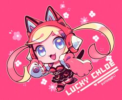 Rule 34 | 1girl, :3, animal ear headphones, animal ears, black dress, black thighhighs, blonde hair, blue eyes, buttons, cat tail, chibi, dress, eyelashes, fake animal ears, full body, headphones, jacket, kotorai, long hair, looking at viewer, lucky chloe, no nose, open mouth, pink background, pink jacket, red footwear, signature, simple background, solo, tail, tekken, thighhighs, twintails