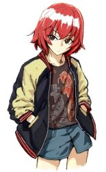 Rule 34 | 10s, 1girl, bad id, bad pixiv id, hands in pockets, idolmaster, idolmaster cinderella girls, jacket, letterman jacket, murakami tomoe, open clothes, open jacket, print shirt, red hair, shiba itsuki, shirt, short hair, simple background, sleeves pushed up, solo, white background