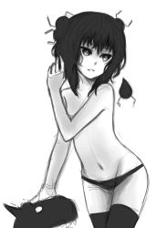 Rule 34 | 1girl, black hair, creature, dog, flat chest, greyscale, groin, highres, monochrome, monster, navel, original, panties, pas (paxiti), headpat, short hair, solo, thighhighs, topless, underwear, underwear only, yami shoujo
