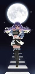 Rule 34 | 1girl, absurdres, belt, black nails, black shorts, boots, breasts, colored inner hair, commentary, crop top, floating stairs, full moon, hand on own hip, highres, hololive, hololive indonesia, jacket, large breasts, long hair, midriff, moon, moona hoshinova, multicolored hair, navel, night, purple eyes, purple hair, rem moon, shorts, sky, star (sky), starry hair, starry sky, thigh boots, twitter username, virtual youtuber, white jacket