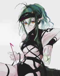 Rule 34 | 1girl, absurdres, antenna hair, arknights, armpits, bare shoulders, breasts, commentary, crop top, cup, drinking straw, fang, fang out, gavial (arknights), green hair, grey background, hair between eyes, highres, holding, holding cup, long hair, looking at viewer, mackia, medium breasts, midriff, official alternate costume, pointy ears, ponytail, simple background, sleeveless, smile, solo, thigh strap, yellow eyes