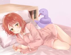 Rule 34 | 1girl, airmilk310, bed, blunt bangs, blush, closed mouth, commentary request, highres, indoors, long sleeves, looking at viewer, love live!, love live! nijigasaki high school idol club, lying, on bed, on side, pillow, pink hair, pink shirt, sasuke (love live!), shirt, short hair, smile, solo, uehara ayumu, upper body, yellow eyes