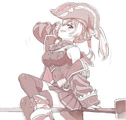 Rule 34 | 1girl, arm up, ascot, bare shoulders, boots, epaulettes, grin, hat, high heels, hololive, houshou marine, jacket, monochrome, official art, pirate hat, sakino shingetsu, sideways glance, skirt, smile, solo, thighhighs, twintails, virtual youtuber, wrestling ring