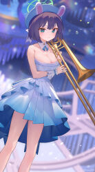 Rule 34 | 1girl, ainy, animal ears, beret, black hair, blue archive, blue dress, blue hat, blush, breasts, cleavage, closed mouth, collarbone, dress, fake animal ears, feet out of frame, gloves, green eyes, green halo, halo, hat, highres, holding, holding instrument, instrument, large breasts, looking at viewer, rabbit ears, saki (blue archive), short hair, solo, trumpet, white gloves