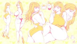 Rule 34 | 2girls, blonde hair, full body, glasses, high heels, highres, kirby, kirby (series), long hair, multiple girls, nintendo, one-piece swimsuit, original, orushibu, red one-piece swimsuit, sitting, swimsuit, tagme, thighs, waddle dee, yellow background, yellow one-piece swimsuit