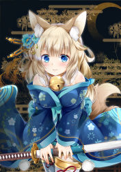 Rule 34 | 1girl, animal ears, azur lane, bare shoulders, bell, black background, blonde hair, blue eyes, blue kimono, blush, breasts, closed mouth, floral background, floral print, flower, fox ears, fox tail, hair flower, hair ornament, highres, holding, holding sword, holding weapon, japanese clothes, jingle bell, katana, kimono, kimono pull, kitsune, large breasts, long hair, looking at viewer, minase tamaki, multiple tails, niizuki (azur lane), smile, solo, standing, sword, tail, thick eyebrows, thighhighs, weapon, white thighhighs, wide sleeves