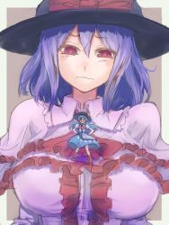 Rule 34 | 2girls, black hat, blue hair, bow, bowtie, brown background, dress, frills, giant, giantess, hair between eyes, hand on own hip, hat, hat bow, hinanawi tenshi, multiple girls, nagae iku, open mouth, puffy short sleeves, puffy sleeves, purple hair, red bow, red bowtie, red eyes, shawl, short sleeves, smile, touhou, utopia, wavy mouth, wing collar