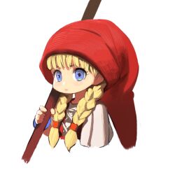 Rule 34 | 1girl, blonde hair, blue eyes, bracelet, braid, closed mouth, dragon quest, dragon quest xi, dress, hair over shoulder, hat, highres, jewelry, jun (navigavi), long hair, looking at viewer, red hat, short sleeves, simple background, solo, twin braids, veronica (dq11), weapon, white background