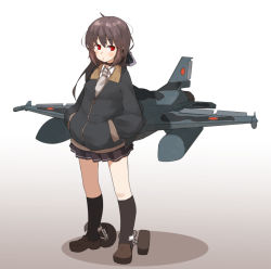 Rule 34 | 1girl, aircraft, airplane, amonitto, brown hair, hands in pockets, highres, jacket, long sleeves, looking at viewer, machinery, mecha musume, necktie, original, personification, red eyes, shirt, skirt, solo