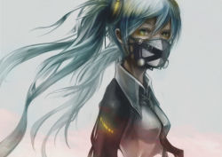 Rule 34 | 1girl, aqua hair, breasts, female focus, gradient background, half mask, hatsune miku, iroai midodo, long hair, looking at viewer, mask, mouth mask, necktie, revision, solo, surgical mask, twintails, very long hair, vocaloid