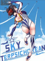 Rule 34 | 1girl, aircraft, airplane, arm up, ass, back, back cutout, black eyes, black hair, blue eyes, blue gloves, blue leotard, blue sky, breasts, chinese text, clothing cutout, cloud, contrail, cowboy shot, day, elbow gloves, english text, feet, fingerless gloves, from behind, gloves, hair ornament, hair up, highres, jet, legs, leotard, looking at viewer, looking back, mixed-language text, outdoors, profile, short hair, sky, soles, solo, song chengshi(under the azure sky), standing, standing on one leg, stirrup legwear, thighhighs, toeless legwear, toes, under the azure sky, z.s.w.
