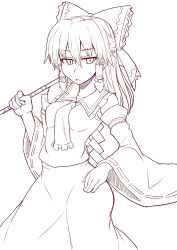 Rule 34 | 1girl, absurdres, ascot, bow, breasts, collarbone, detached sleeves, frown, gohei, hair bow, hair tubes, hakurei reimu, hand on own hip, highres, long hair, long sleeves, looking at viewer, monochrome, open mouth, ribbon-trimmed sleeves, ribbon trim, sad, sketch, small breasts, solo, tanakara, touhou, tsurime, very long hair, wide sleeves