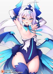 Rule 34 | 1girl, :d, armpits, bad id, bad pixiv id, blue eyes, blue thighhighs, blue wings, blush, breasts, cameltoe, commentary request, detached sleeves, elsword, horns, leotard, long hair, looking at viewer, luciela r. sourcream, md5 mismatch, nipples, noblesse (elsword), open mouth, pointy ears, resolution mismatch, revision, simple background, small breasts, smile, solo, standing, star-shaped pupils, star (symbol), symbol-shaped pupils, thighhighs, waero, white background, white hair, wings