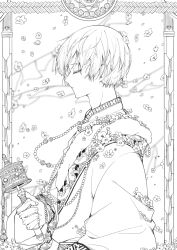 Rule 34 | 1boy, absurdres, baihua er, bead necklace, beads, chinese clothes, closed eyes, coat, dao mu bi ji, flower, from side, hand up, highres, jewelry, lineart, male focus, monochrome, necklace, prayer wheel, profile, short hair, solo, string of flags, tibetan clothes, upper body, zhang qiling