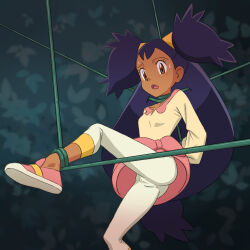 Rule 34 | 1girl, :o, arm behind back, blush, brown eyes, collarbone, commentary request, creatures (company), dark-skinned female, dark skin, eyelashes, game freak, highres, iris (pokemon), leg up, leggings, long hair, looking down, miraa (chikurin), nintendo, open mouth, pink footwear, pink skirt, plant, pokemon, pokemon bw, purple hair, raised eyebrow, restrained, shirt, shoe soles, shoes, skirt, solo, sweat, tongue, two side up, vines, yellow shirt