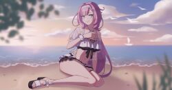 Rule 34 | 1girl, beach, bikini, black footwear, blue eyes, blurry, blurry background, breasts, cleavage, cloud, cloudy sky, commentary, depth of field, elysia (honkai impact), hairband, highres, honkai (series), honkai impact 3rd, horizon, jacket, long hair, looking at viewer, medium breasts, navel, ocean, on ground, open clothes, open jacket, parted lips, pink hair, pointy ears, sand, sandals, see-through, short sleeves, sitting, sky, solo, swimsuit, tsuume, twintails, very long hair, water, white bikini, white hairband, yokozuwari