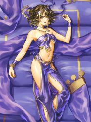 Rule 34 | 1girl, breasts, brown eyes, brown hair, cleavage, collarbone, from above, harem outfit, highres, jewelry, looking at viewer, lying, medium breasts, navel, necklace, nemoto yuuma, on back, open mouth, original, purple ribbon, ribbon, short hair, solo, sparkle, striped, underboob, wristband