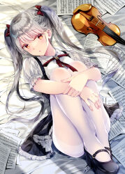 Rule 34 | 1girl, bed sheet, black footwear, black skirt, blush, bow, brown eyes, buttons, collared shirt, dress shirt, frilled skirt, frilled sleeves, frills, grey hair, hair bow, hair spread out, highres, hugging own legs, instrument, kobayashi chisato, long hair, looking at viewer, lying, mary janes, miniskirt, neck ribbon, on back, original, pantyhose, parted lips, red bow, red ribbon, revision, ribbon, sheet music, shirt, shoes, short sleeves, sidelocks, skirt, solo, thighband pantyhose, twintails, very long hair, violin, white pantyhose, white shirt