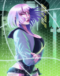 Rule 34 | 1girl, absurdres, breasts, cityscape, cyberpunk, cyberpunk (series), cyberpunk 2077, cyberpunk edgerunners, green background, gregorillart, highres, large breasts, lucy (cyberpunk), pink hair, self-upload