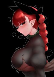 Rule 34 | 1boy, 1girl, animal ears, black background, black bow, blush, bow, braid, grabbing another&#039;s breast, breasts, breath, cat ears, covered erect nipples, dress, extra ears, from side, grabbing, hair bow, kaenbyou rin, large breasts, looking at viewer, mizuga, outline, parted lips, pointy ears, profile, red eyes, red hair, sideways glance, simple background, solo focus, touhou, twin braids, upper body, white outline